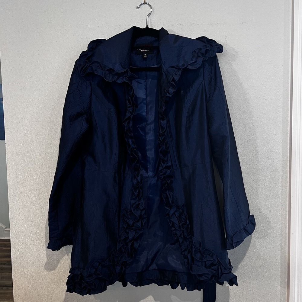 Terramina Collection New York Navy Blue Ruffle Trim Tie Waist Trench Coat Size12
